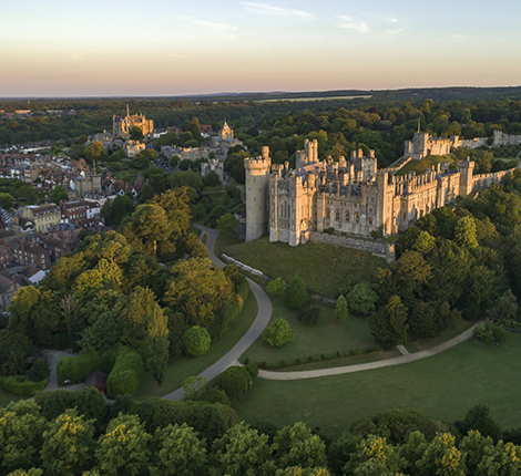 A view of Arundel Castle and the grounds taken from the sky